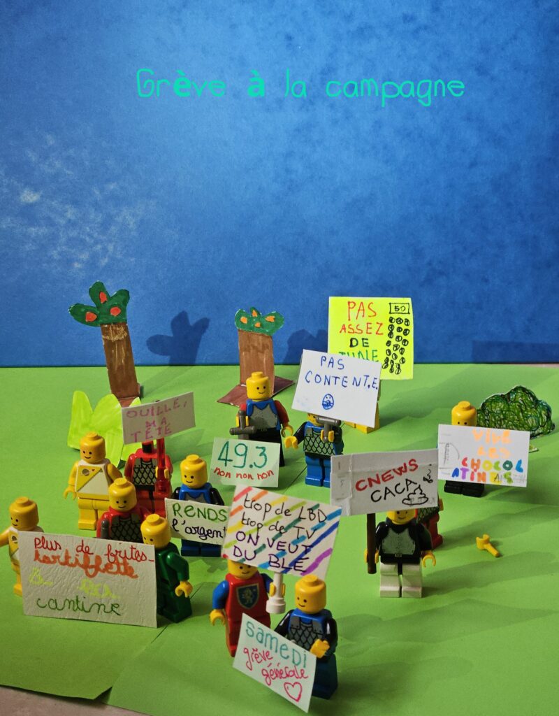 des legos qui manifestent : "grève à la campagne"