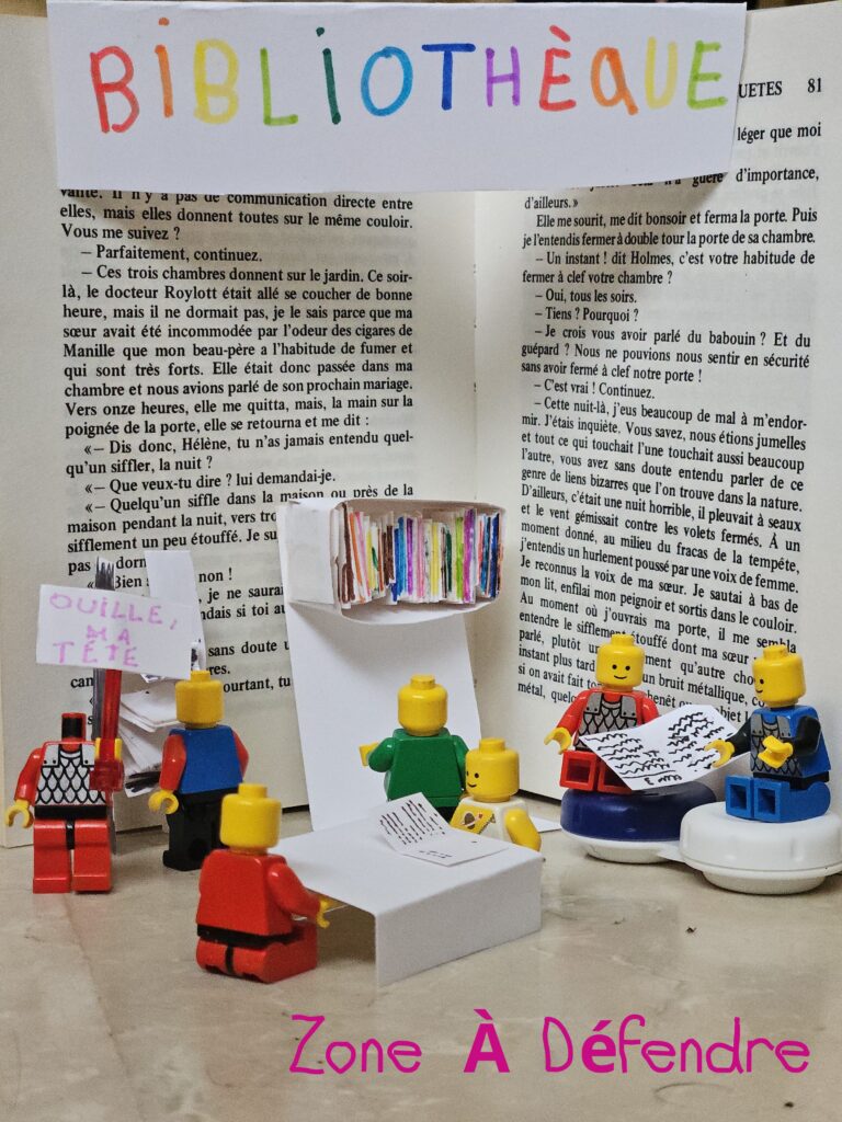 des legos dans une bibliothèque de papier : "zone à défendre"